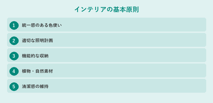 インテリアの基本原則: 統一感のある色使い, 適切な照明計画, 機能的な収納, 植物・自然素材