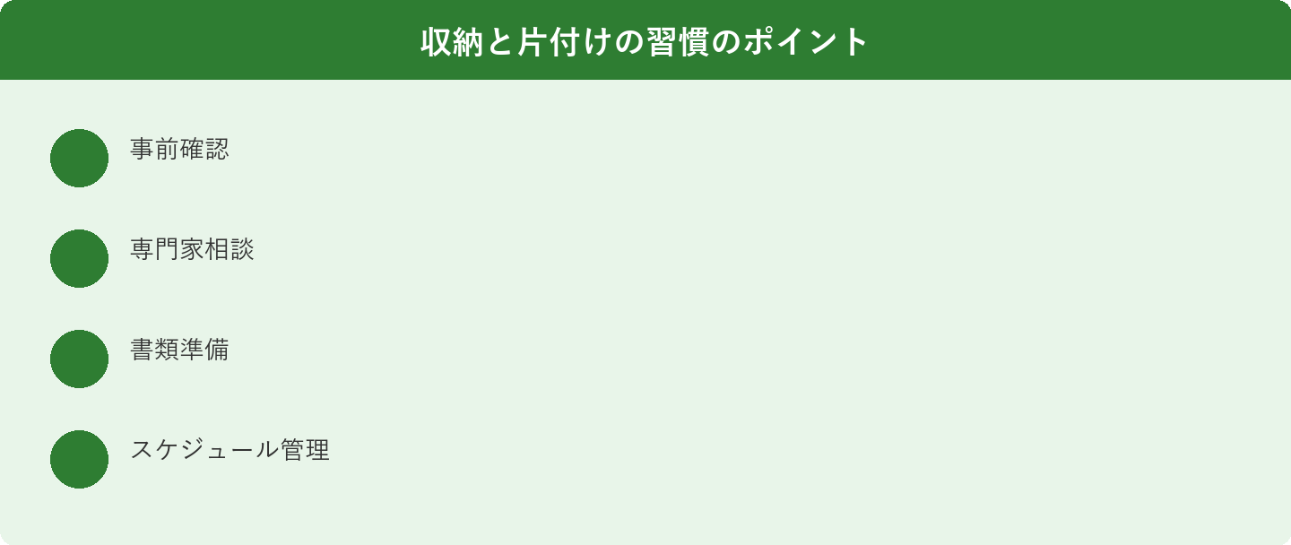 収納と片付けの習慣のポイント: 事前確認、専門家相談、書類準備、スケジュール管理