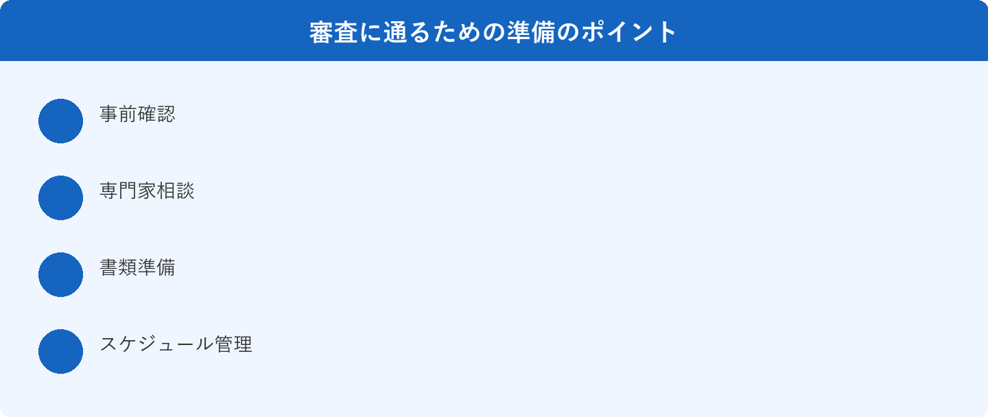審査に通るための準備のポイント: 事前確認、専門家相談、書類準備、スケジュール管理