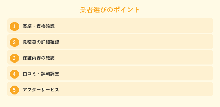業者選びのポイント: 実績・資格確認, 見積書の詳細確認, 保証内容の確認, 口コミ・評判調査