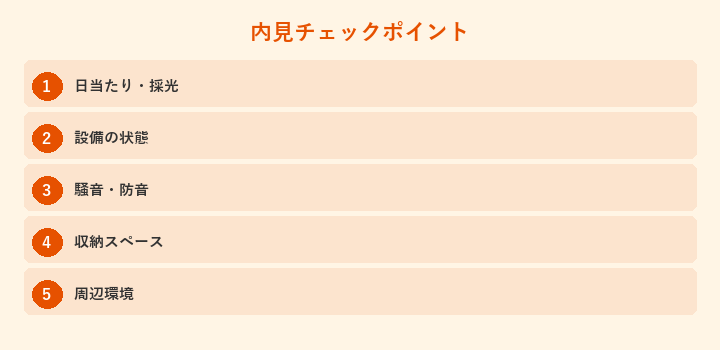 内見チェックポイント: 日当たり・採光, 設備の状態, 騒音・防音, 収納スペース