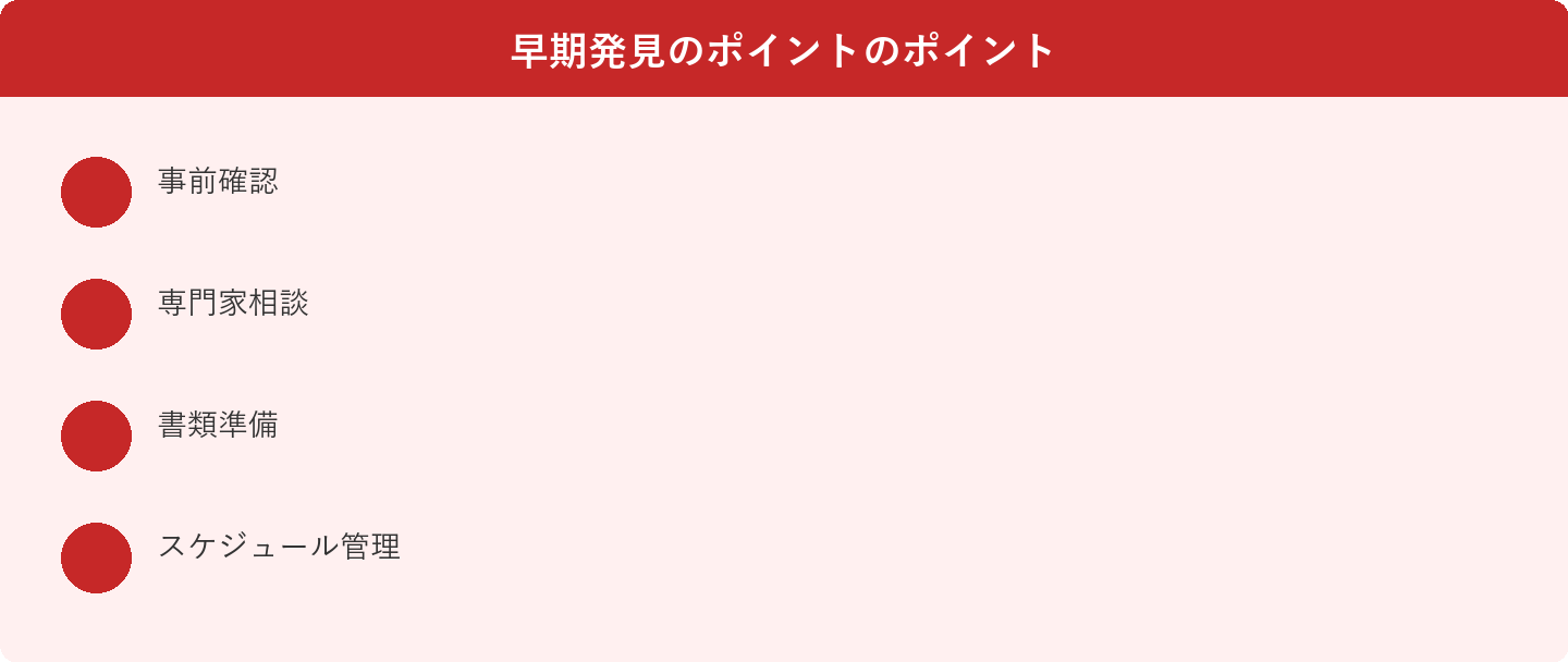 早期発見のポイントのポイント: 事前確認、専門家相談、書類準備、スケジュール管理