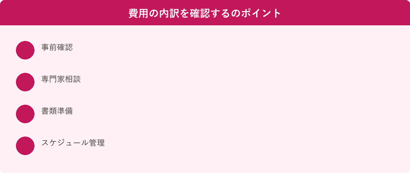 費用の内訳を確認するのポイント: 事前確認、専門家相談、書類準備、スケジュール管理