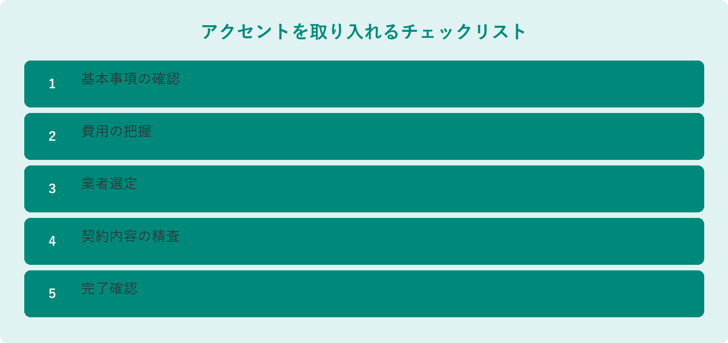 アクセントを取り入れるチェックリスト: 基本事項の確認、費用の把握、業者選定、契約内容の精査、完了確認