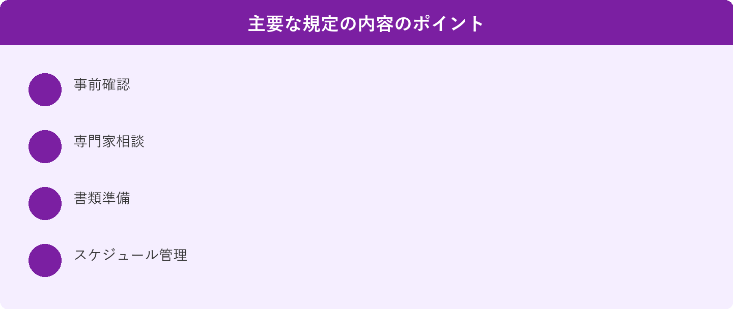 主要な規定の内容のポイント: 事前確認、専門家相談、書類準備、スケジュール管理