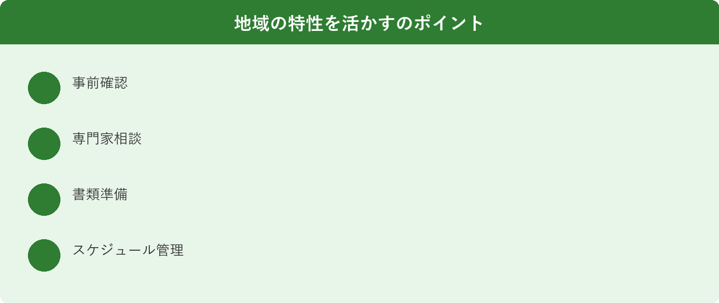 地域の特性を活かすのポイント: 事前確認、専門家相談、書類準備、スケジュール管理