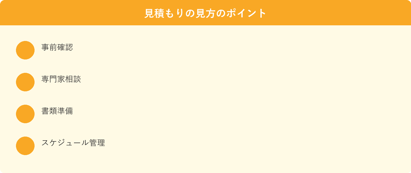 見積もりの見方のポイント: 事前確認、専門家相談、書類準備、スケジュール管理