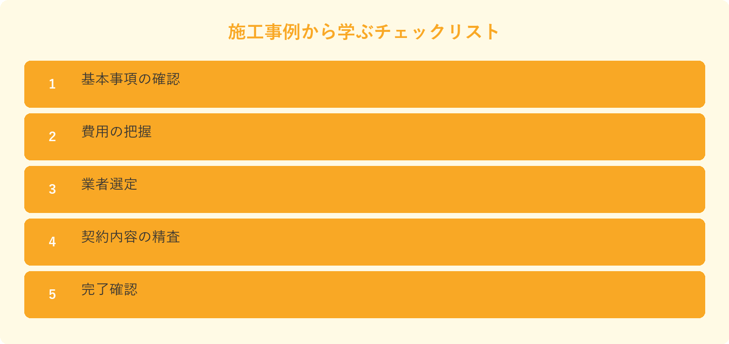 施工事例から学ぶチェックリスト: 基本事項の確認、費用の把握、業者選定、契約内容の精査、完了確認