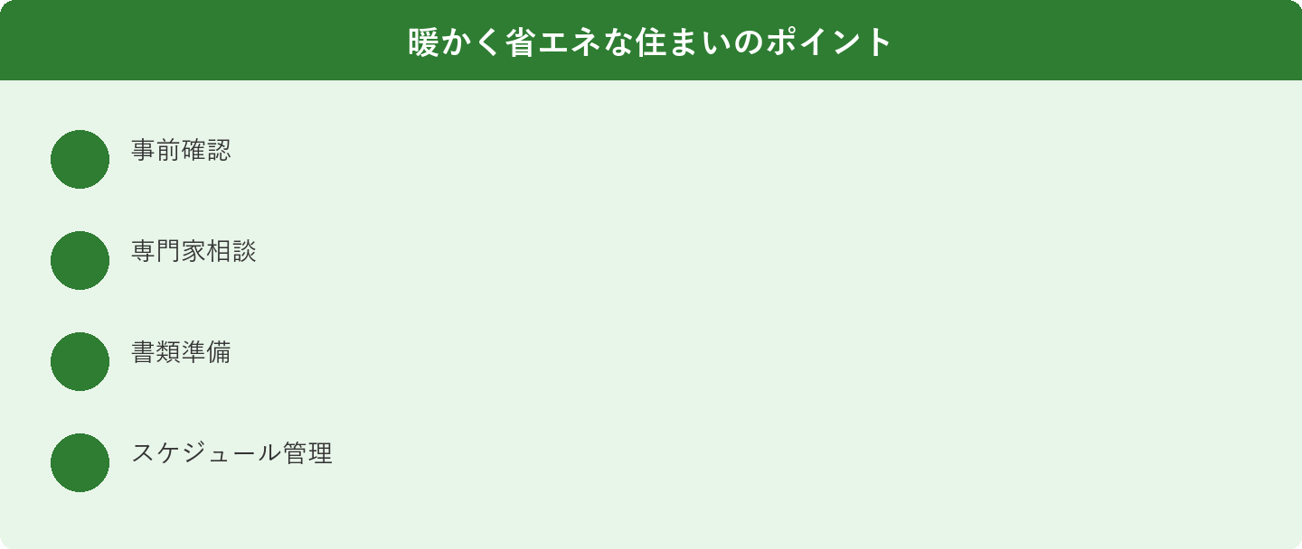 暖かく省エネな住まいのポイント: 事前確認、専門家相談、書類準備、スケジュール管理
