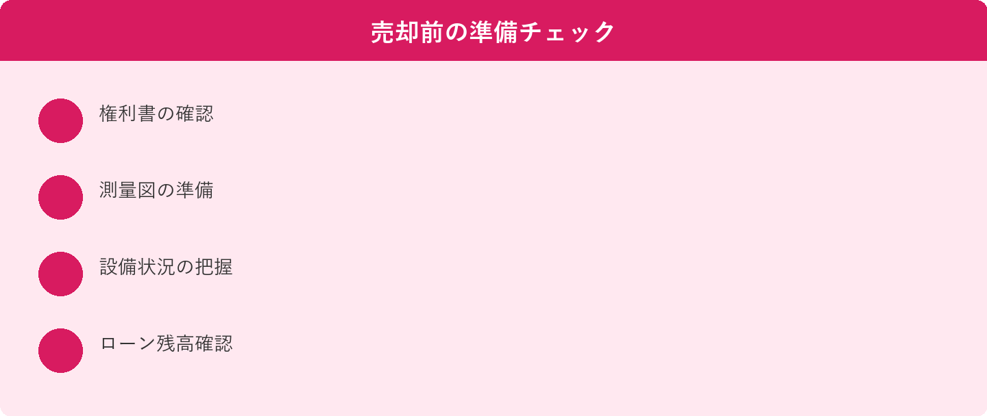 売却前の準備チェック: 権利書の確認、測量図の準備、設備状況の把握、ローン残高確認